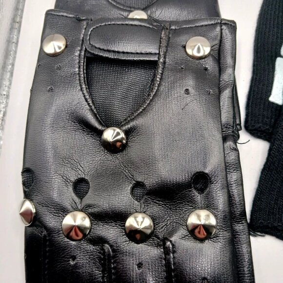 Lot Of 2 Fingerless Gloves Faux Leather Studded + Skelton Print-Black-Unisex - Picture 8 of 10